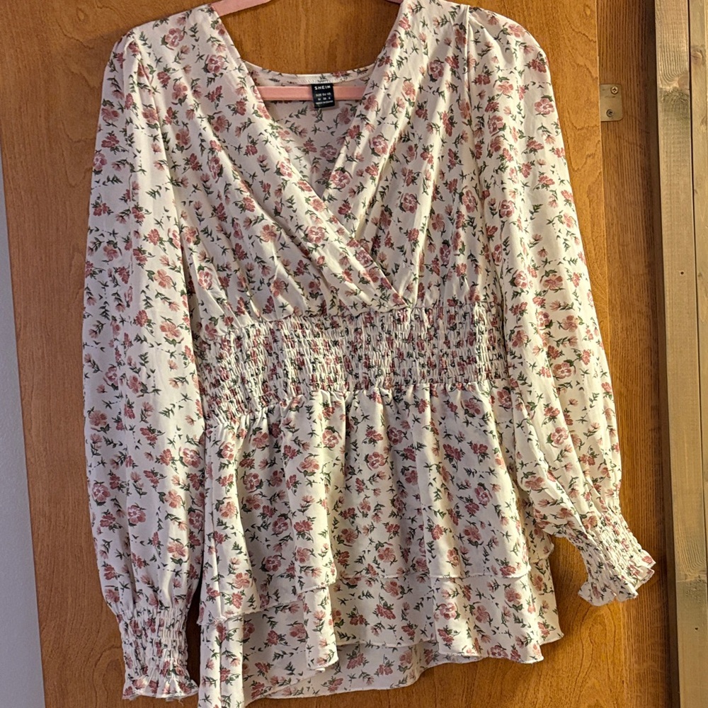 SHEIN Cream Floral Smocked Blouse